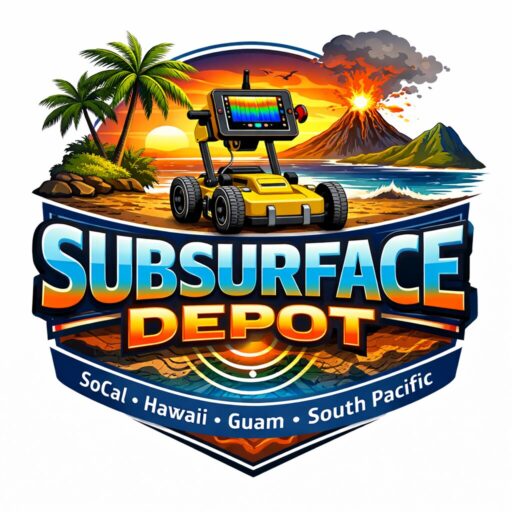 Logo for Subsurface Depot: yellow rover on a tropical beach with palm trees, sunset, and a volcano in the background; bold blue and orange text reading 'SUBSURFACE DEPOT' with a blue banner of locations underneath.