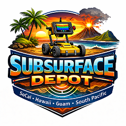 Logo for Subsurface Depot featuring a tropical island scene, a yellow rover on the shore, and bold blue-orange lettering with location names (SoCal, Hawaii, Guam, South Pacific).